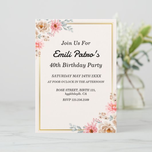 klassieke roze bloemen 40e verjaardag uitnodiging (Staand voorkant)