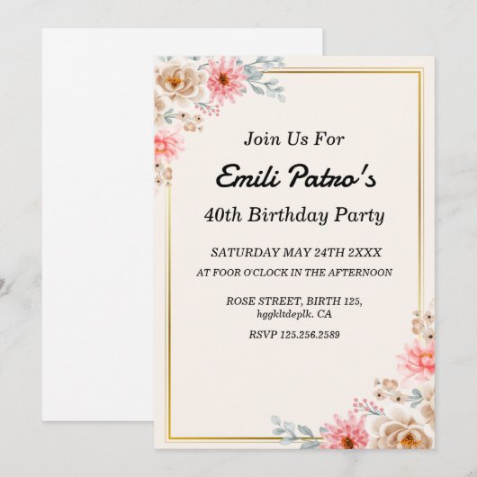 klassieke roze bloemen 40e verjaardag uitnodiging (Voorkant / Achterkant)