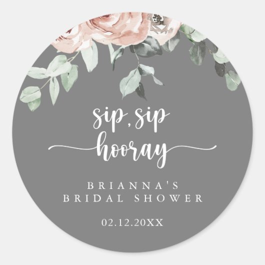 Klassieke Roze Bloemige Sip Sip Hooray Bruiloft Ronde Sticker (Voorkant)
