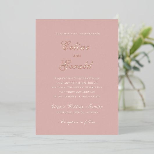 Klassieke Roze Elegante Trouwdag Folie Uitnodiging (Staand Voorkant)