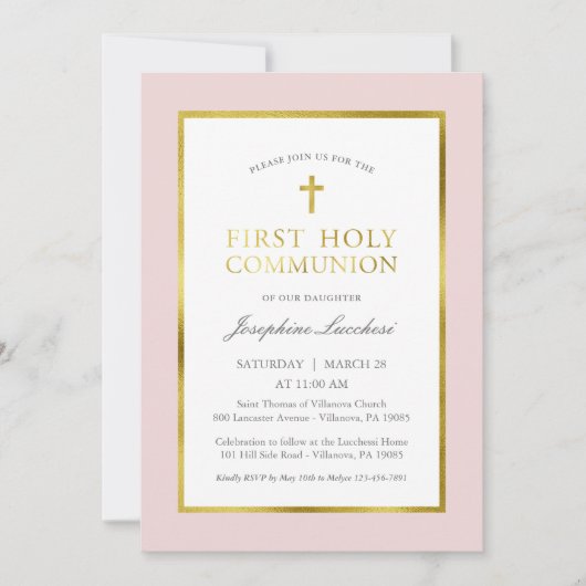 Klassieke roze en gouden uitnodiging tot communaut (Voorkant)