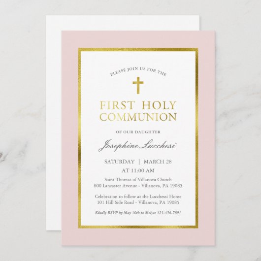 Klassieke roze en gouden uitnodiging tot communaut (Voorkant / Achterkant)
