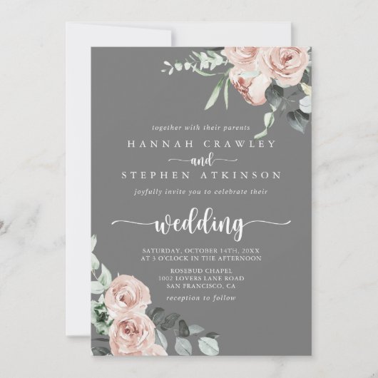Klassieke roze Floral Grey Front & Back Wedding Kaart (Voorkant)