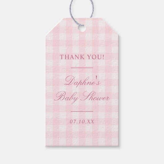 Klassieke roze geruite baby shower cadeaulabel (Voorkant)