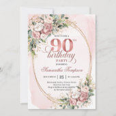 Klassieke Roze Gouden Groene 90e Verjaardagsuitnod Kaart (Voorkant)
