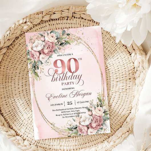 Klassieke Roze Gouden Groene 90e Verjaardagsuitnod Kaart