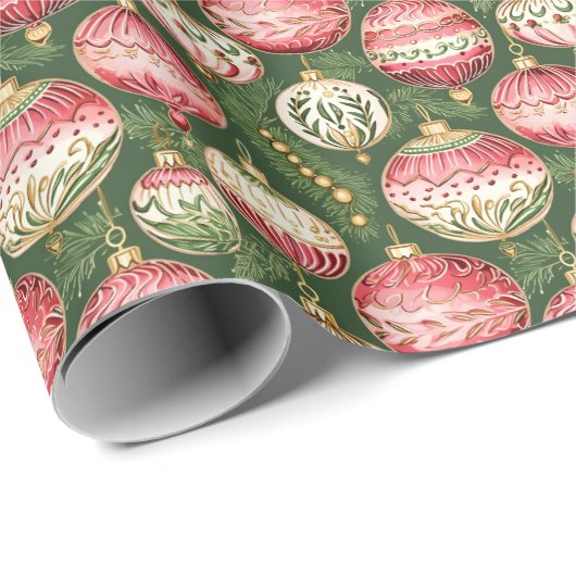 Klassieke  Roze & Groene Vakantie Decoraties Cadeaupapier (Rol Hoek)