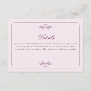Klassieke Roze Huwelijksdetails Informatiekaartje