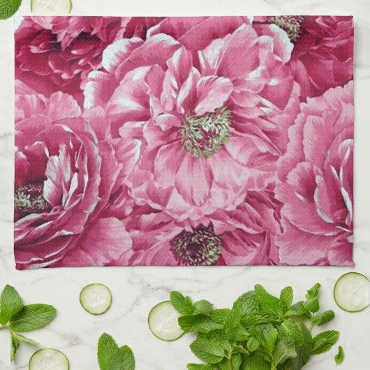 Klassieke Roze Pioenenclusters Bloemen Keuken Hand Theedoek (Gevouwen)