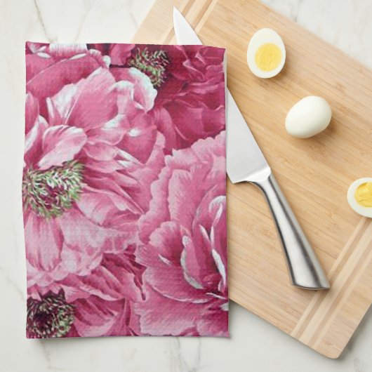 Klassieke Roze Pioenenclusters Bloemen Keuken Hand Theedoek (Quarter Fold)