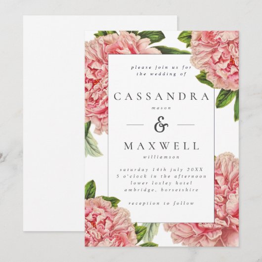 Klassieke Roze Pioenrozen Waterverf Trouwdag Kaart (Voorkant / Achterkant)