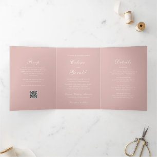 Klassieke Roze QR Code Elegant Huwelijk Drieluik Uitnodiging