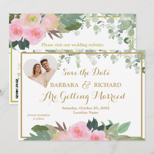 KLASSIEKE roze roos bloemenfoto bruiloft opslaan d Kaart (Voorkant / Achterkant)