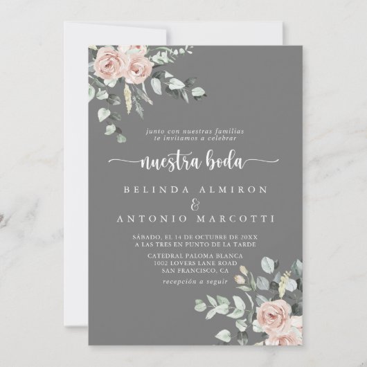 Klassieke Roze Roos Bloemig Grijs Nuestra Boda   Kaart (Voorkant)