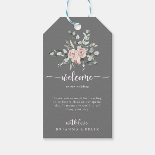 Klassieke roze Rose Floral Gray Weddenschap Welkom Cadeaulabel (Voorkant)