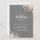 Klassieke roze Rose Floral Grey Birthday Party Kaart (Voorkant)