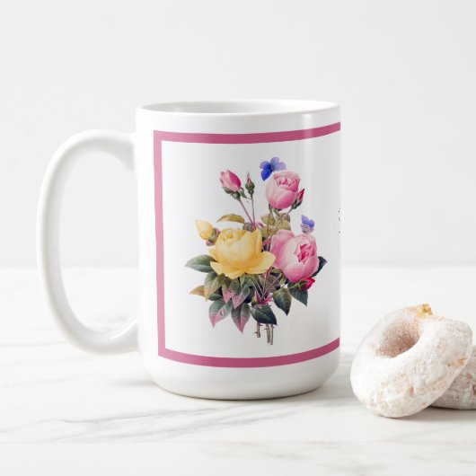 Klassieke roze roze rozen Paarse vlinder Koffiemok (Met donut)