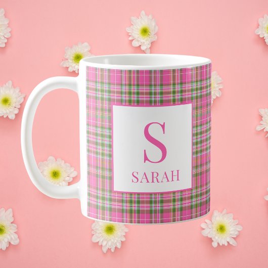 Klassieke Roze Schotse Plaid Monogram Naam Koffiemok