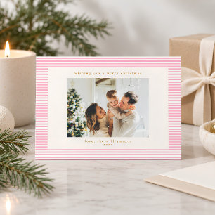 Klassieke Roze Strepen Aangepaste Foto Kerstmis Feestdagenkaart