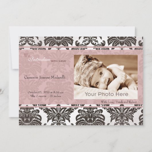 Klassieke  roze zwarte geboorte aankondiging (Voorkant)