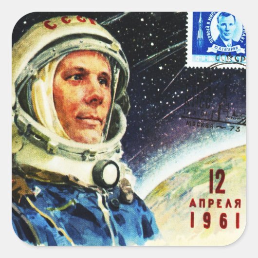 KLASSIEKE RUIMTERACE ASTRONAUT UIT DE JAREN 60 VIERKANTE STICKER (Voorkant)