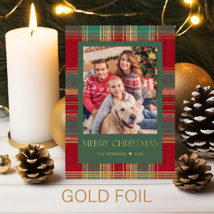 Klassieke ruit Kerstmis 1 foto groen goud Folie Feestdagenkaart