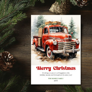 Klassieke rustieke kerstscène met rode autontwerp feestdagenkaart