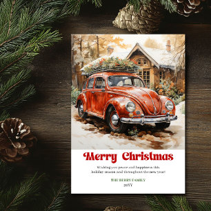 Klassieke rustieke kerstscene rode auto kunstwerk feestdagenkaart