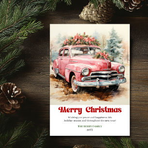 Klassieke rustieke kerstscene roze auto kunstwerk feestdagenkaart