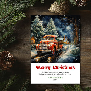 Klassieke rustieke kerstscène vintage rode vrachtw feestdagenkaart