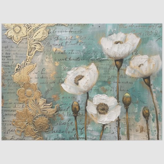 Klassieke  Rustieke Witte Poppies Decoupage Tissuepapier (Voorkant)