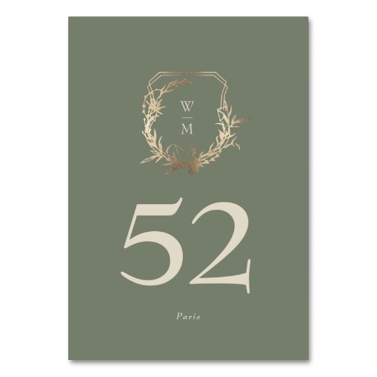 Klassieke Sage & Cream Monogram Gold Crest Bruilof Kaart (Voorkant)