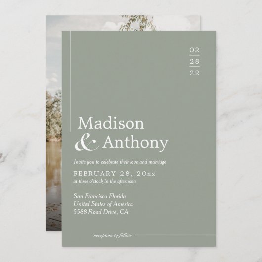 Klassieke Sage Green Budget Script Photo Weddensch Kaart (Voorkant / Achterkant)