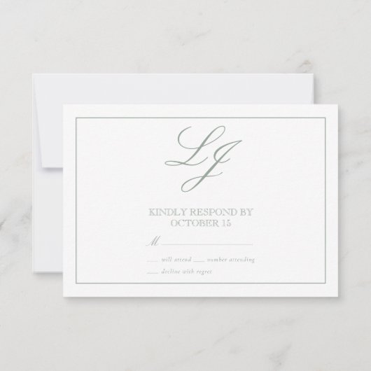 Klassieke Sage Green Calligraphy Monogram No Means RSVP Kaartje (Achterkant)