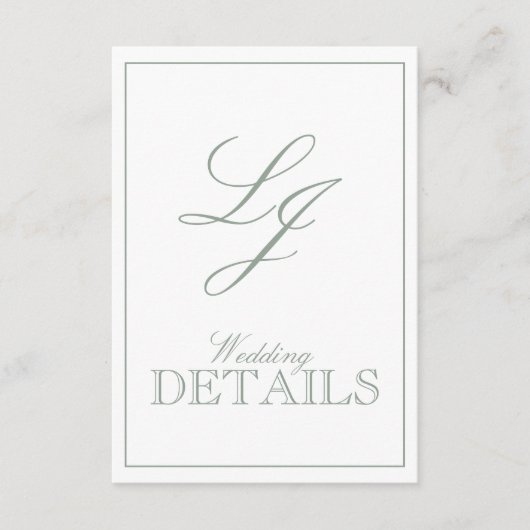Klassieke Sage Green Calligraphy Monogram Weddensc Informatiekaartje (Voorkant)