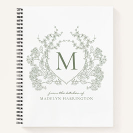 Klassieke Sage Green Floral Crest Monogram Recept Notitieboek
