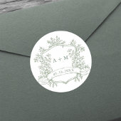 Klassieke Sage Green Floral Crest Monogrammen Ronde Sticker