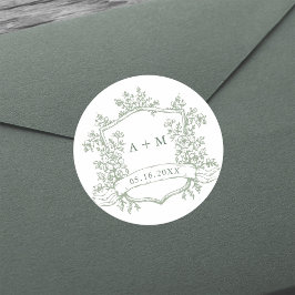 Klassieke Sage Green Floral Crest Monogrammen Ronde Sticker
