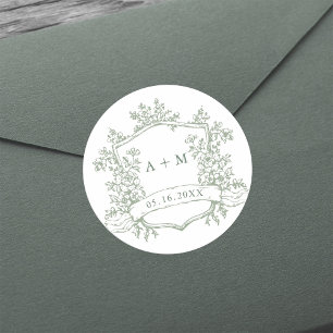 Klassieke Sage Green Floral Crest Monogrammen Ronde Sticker