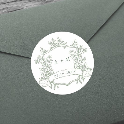Klassieke Sage Green Floral Crest Monogrammen Ronde Sticker