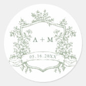 Klassieke Sage Green Floral Crest Monogrammen Ronde Sticker (Voorkant)