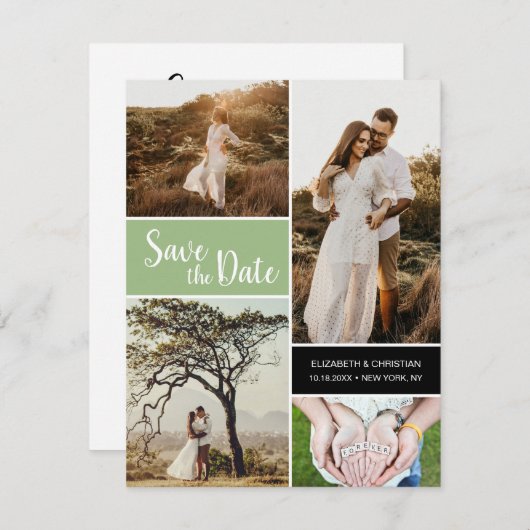 Klassieke Sage Green Photo Collage Save the date Aankondiging (Voorkant / Achterkant)