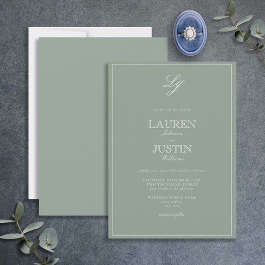 Klassieke Sage Green Script Monogram Weddenschap Kaart