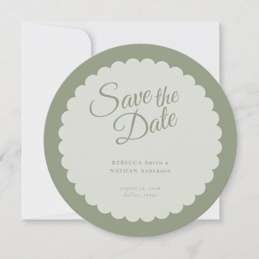 Klassieke Sage Green Script Scallop Weduwfoto Save The Date (Voorkant)