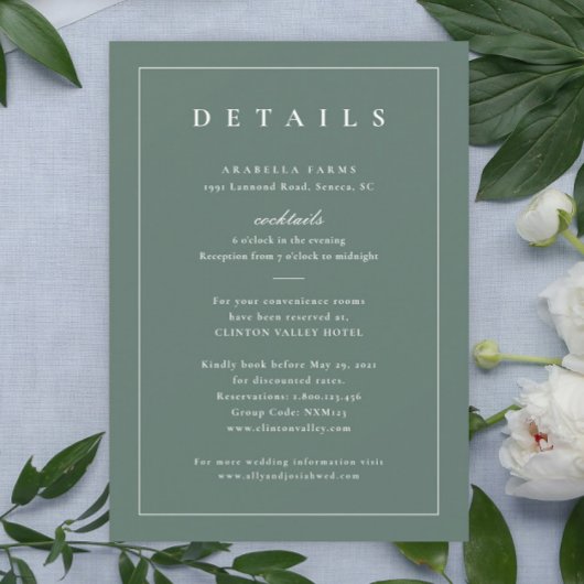 Klassieke Sage Green Wedding Details Kaart invoege