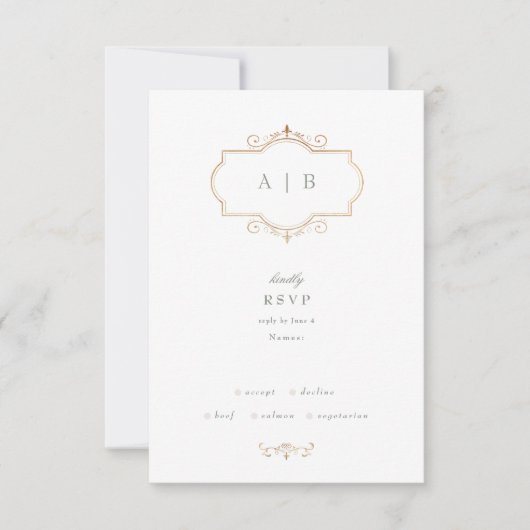 Klassieke Sage Groen Elegant Goud Monogram Bruilof RSVP Kaartje (Voorkant)