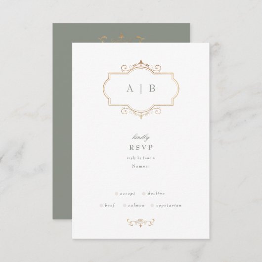 Klassieke Sage Groen Elegant Goud Monogram Bruilof RSVP Kaartje (Voorkant / Achterkant)