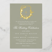 Klassieke Sage Groen Goud Monogram Crest Bruiloft Folie Uitnodiging (Voorkant)