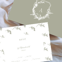 Klassieke Sage Groene Bloemen Monogram Crest Bruil RSVP Kaartje