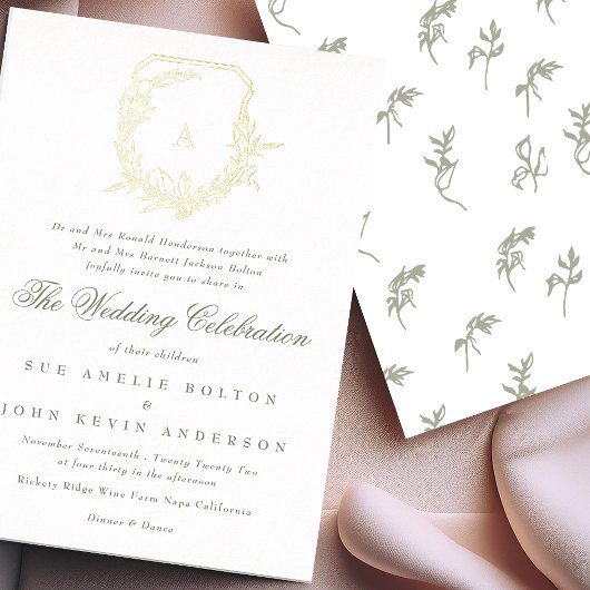 Klassieke Sage Groene Botanische Gouden Monogram K Folie Uitnodiging